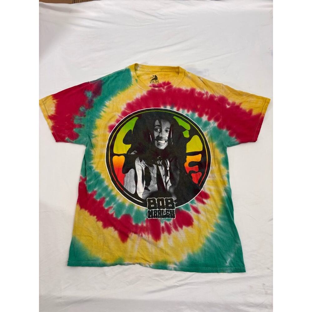 Men's Zion Rootswear Bob Marley T-shirt, Size L, Yellow/Red Tie Dye Rasta Irie